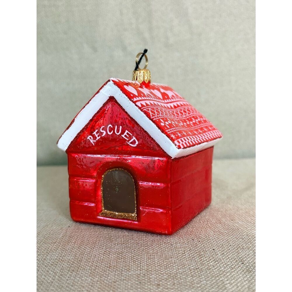 Joy to the World Artisan Made Rescued Red Dog House Holiday Ornament